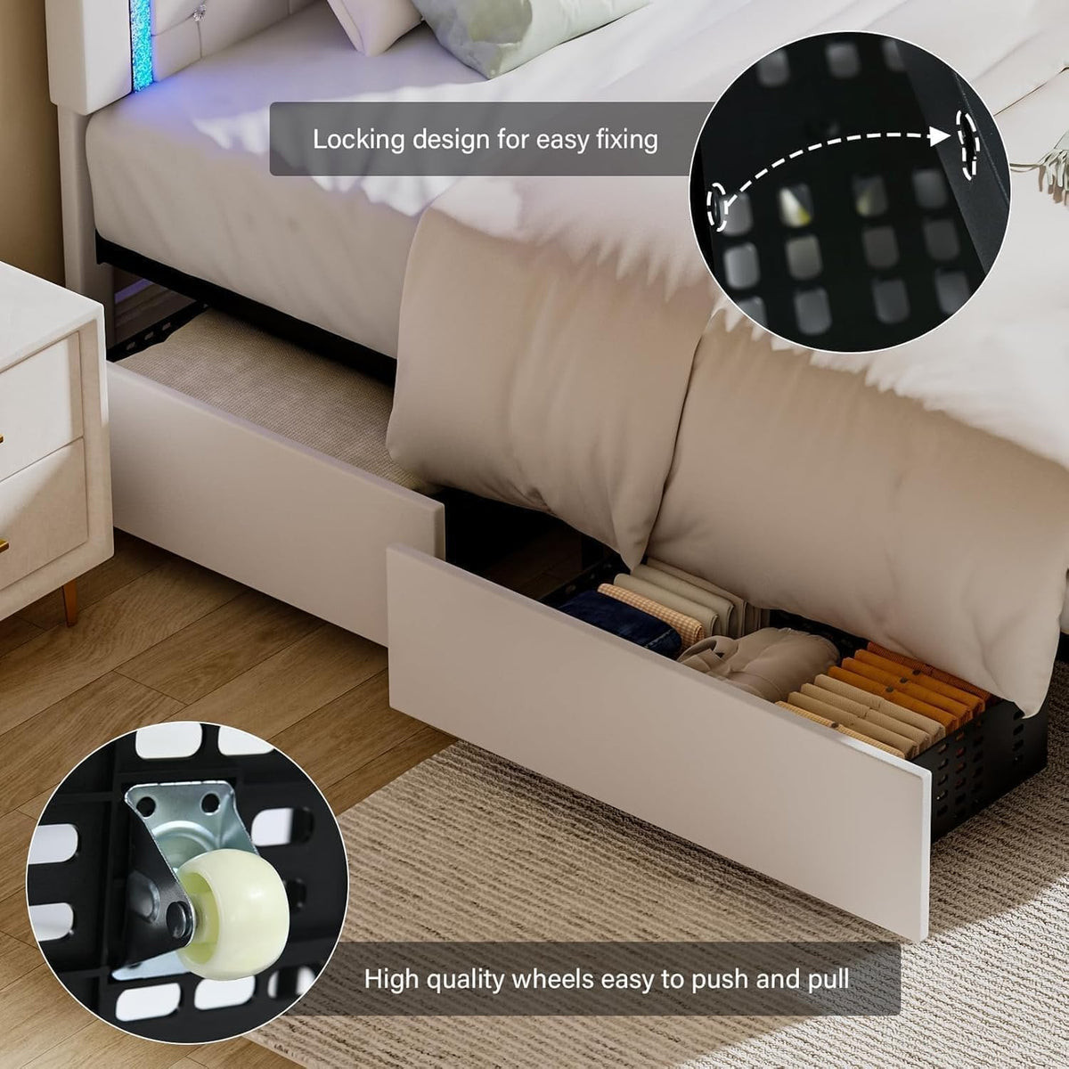 White Twin Bed Frame with Storage Drawers and LED Lights W510
