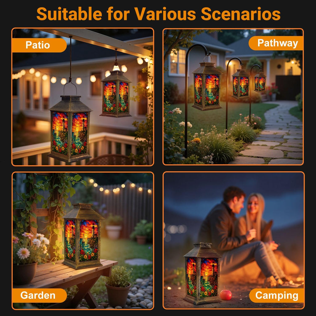Solar Lantern Outdoor Waterproof Stained Glass Effect LED Hanging Tabletop Lamp P70348