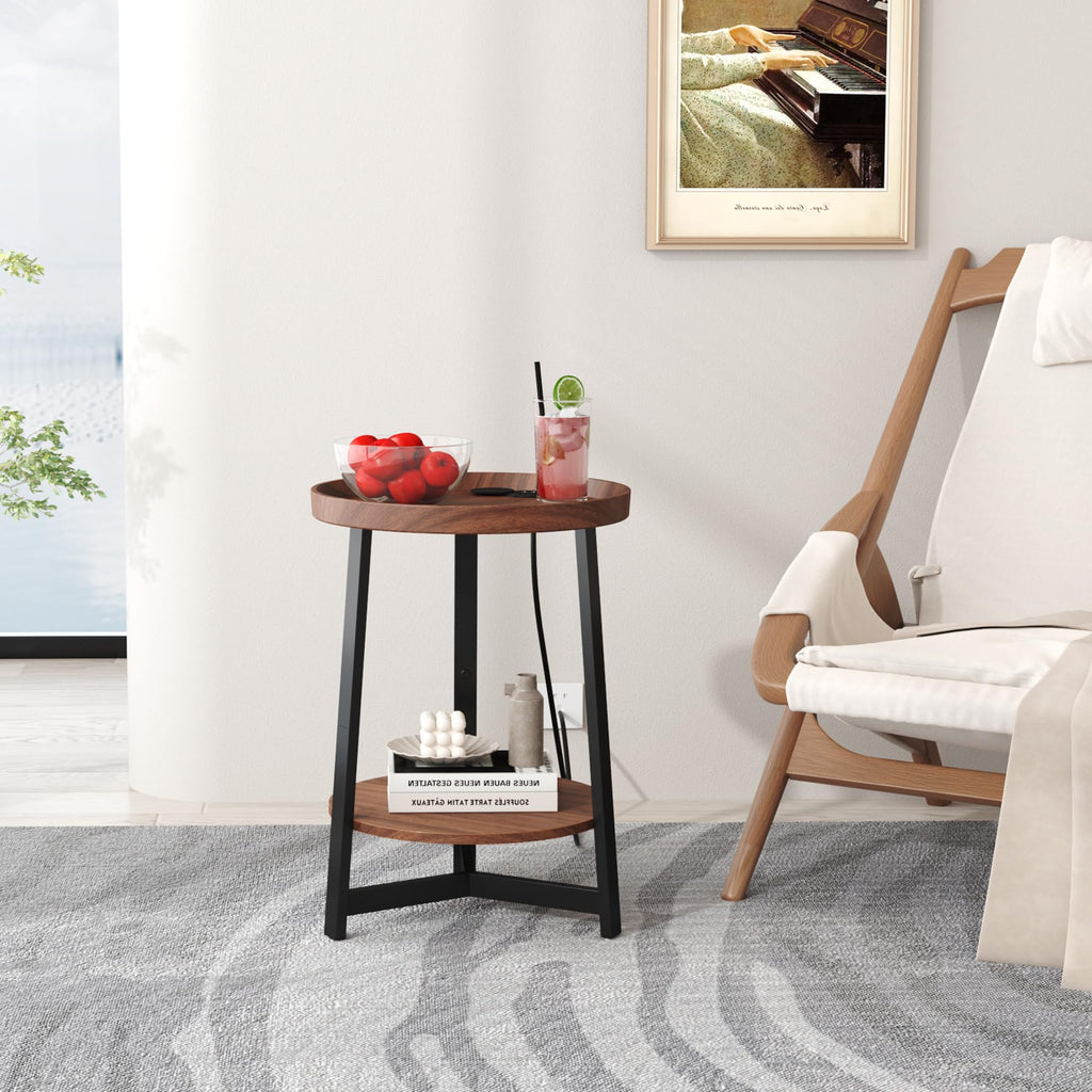 Round Industrial Side Table with Charging Station, 2-Tier Metal Frame M2516