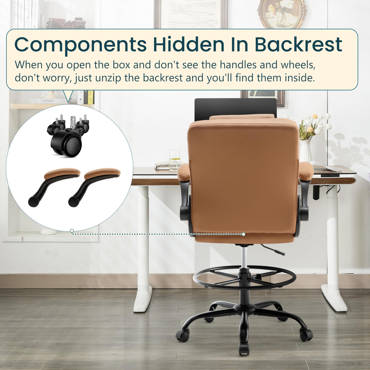 Brown PU Leather Drafting Chair with Flip-up Armrests A91528