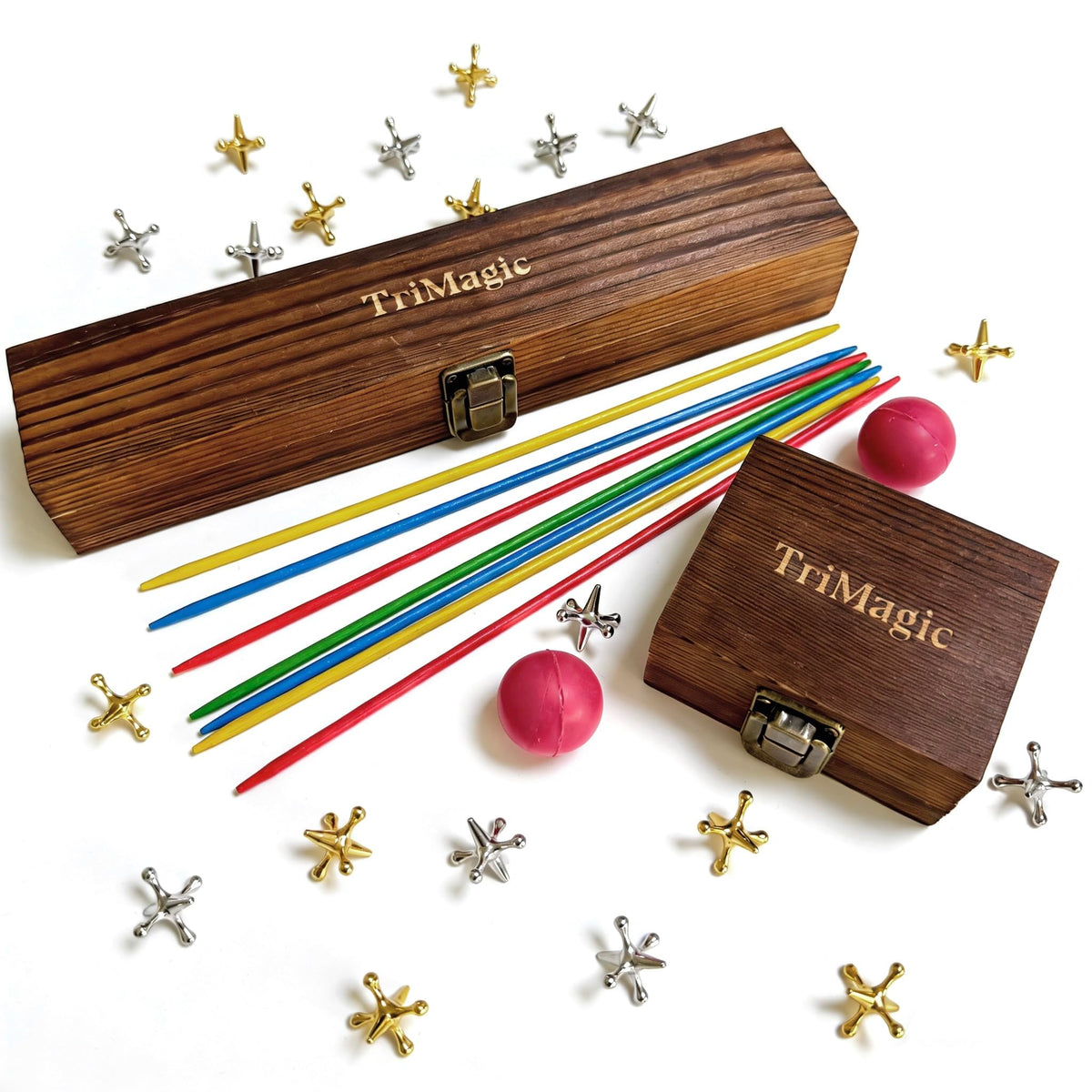 Wooden Gift Boxes 20 Metal Jacks 2 Balls 41 Colored Sticks S1247