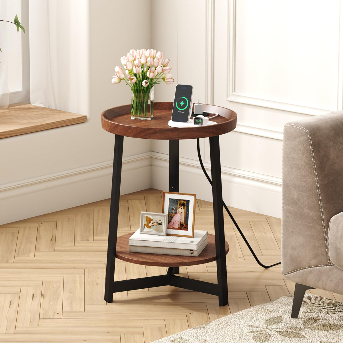 Round Industrial Side Table with Charging Station, 2-Tier Metal Frame M2516