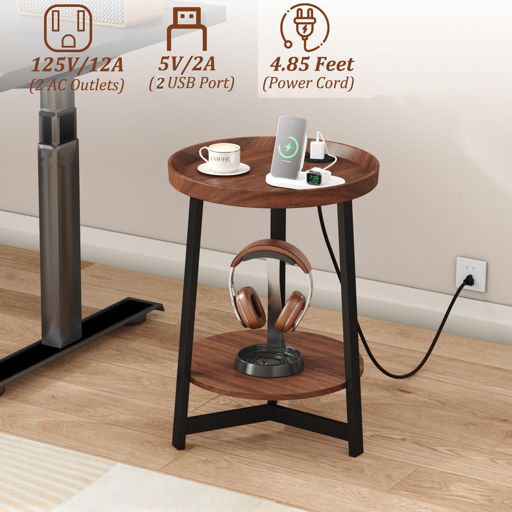 Round Industrial Side Table with Charging Station, 2-Tier Metal Frame M2516