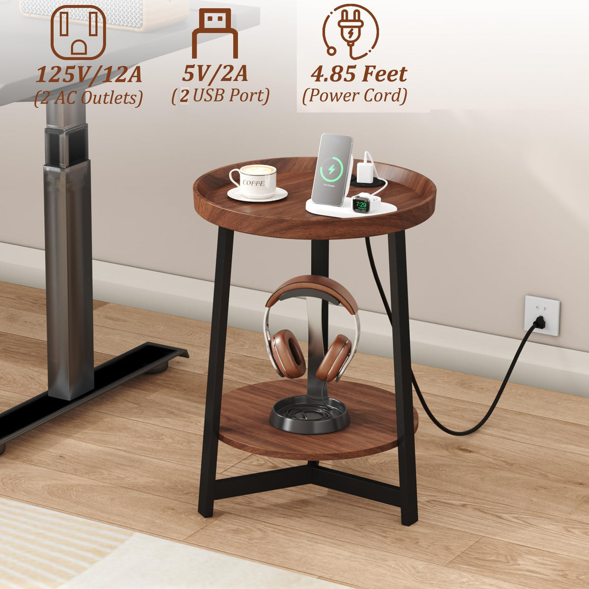 Round Industrial Side Table with Charging Station, 2-Tier Metal Frame M2516