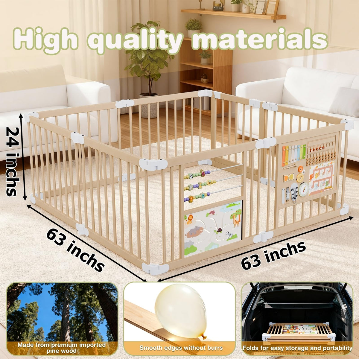 Foldable Wooden Baby Playpen with Toy Set R11493