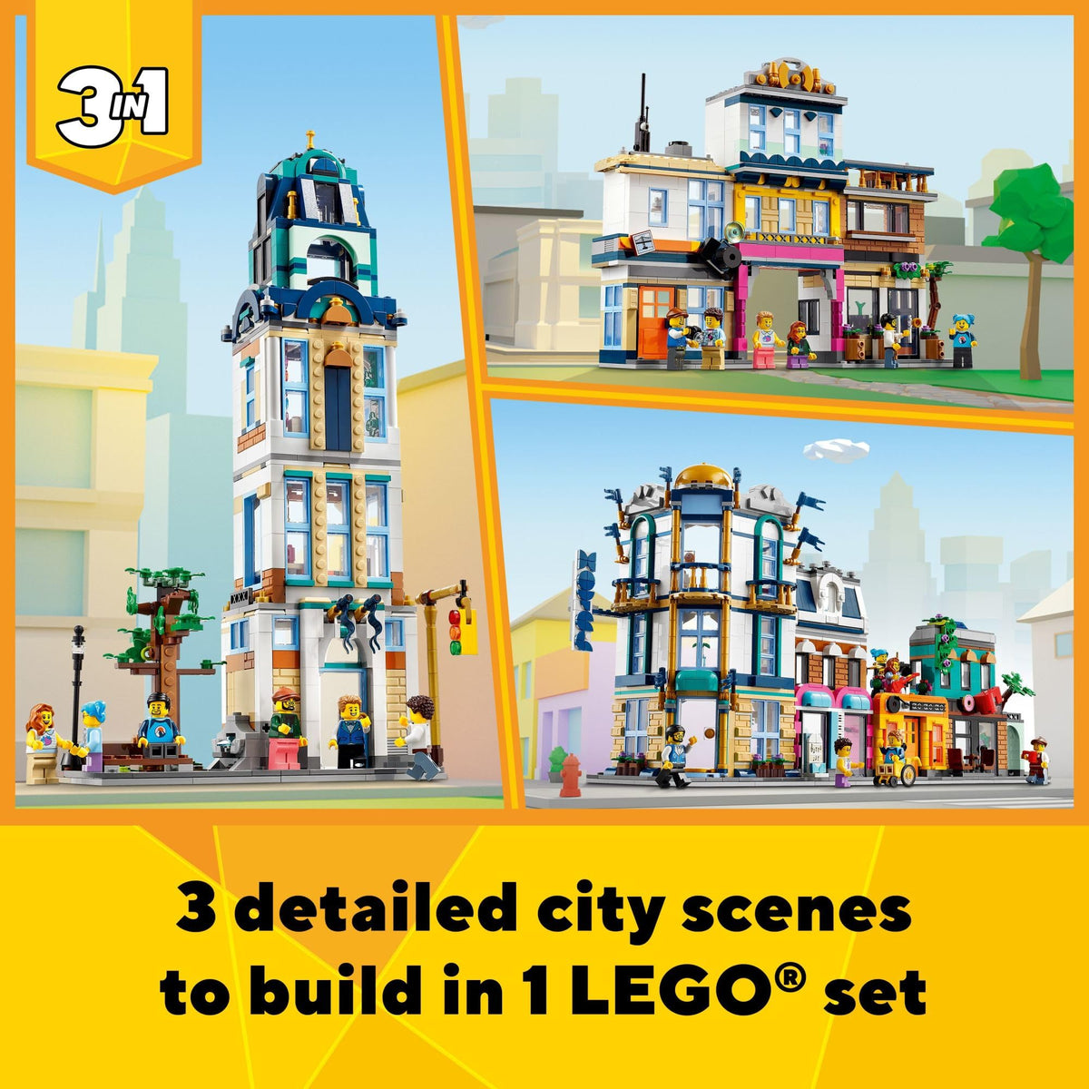 Building Toy Set, 3 in 1 City Art Deco Building, Market Street Hotel, Café Music Store and 6 Minifigures Z13029