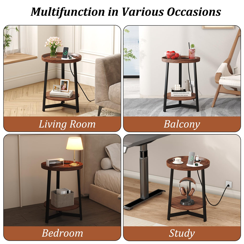 Round Industrial Side Table with Charging Station, 2-Tier Metal Frame M2516