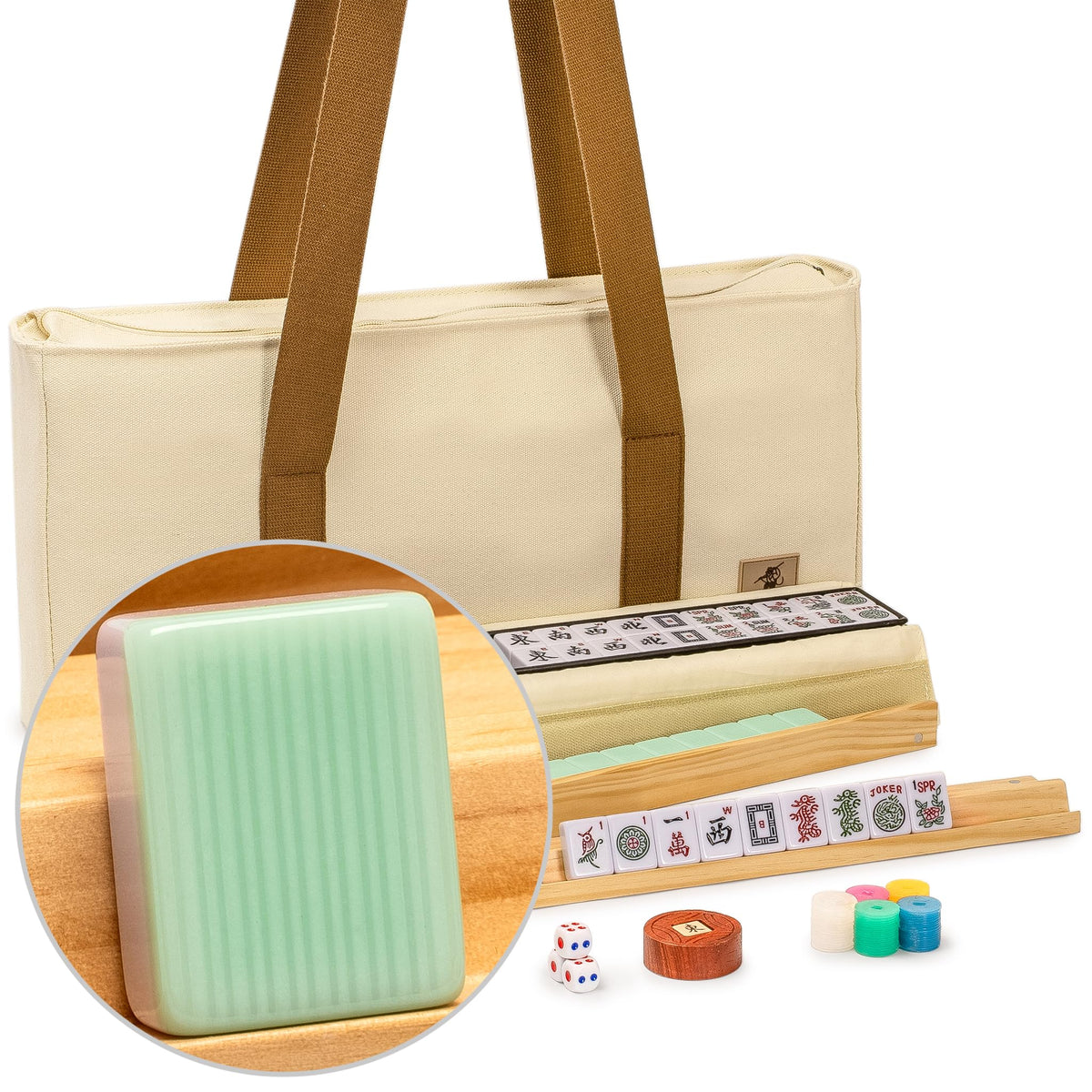 166 Tiles Mahjong Set with Wooden Racks & Pushers, Dice, and Soft Beige Case Q680