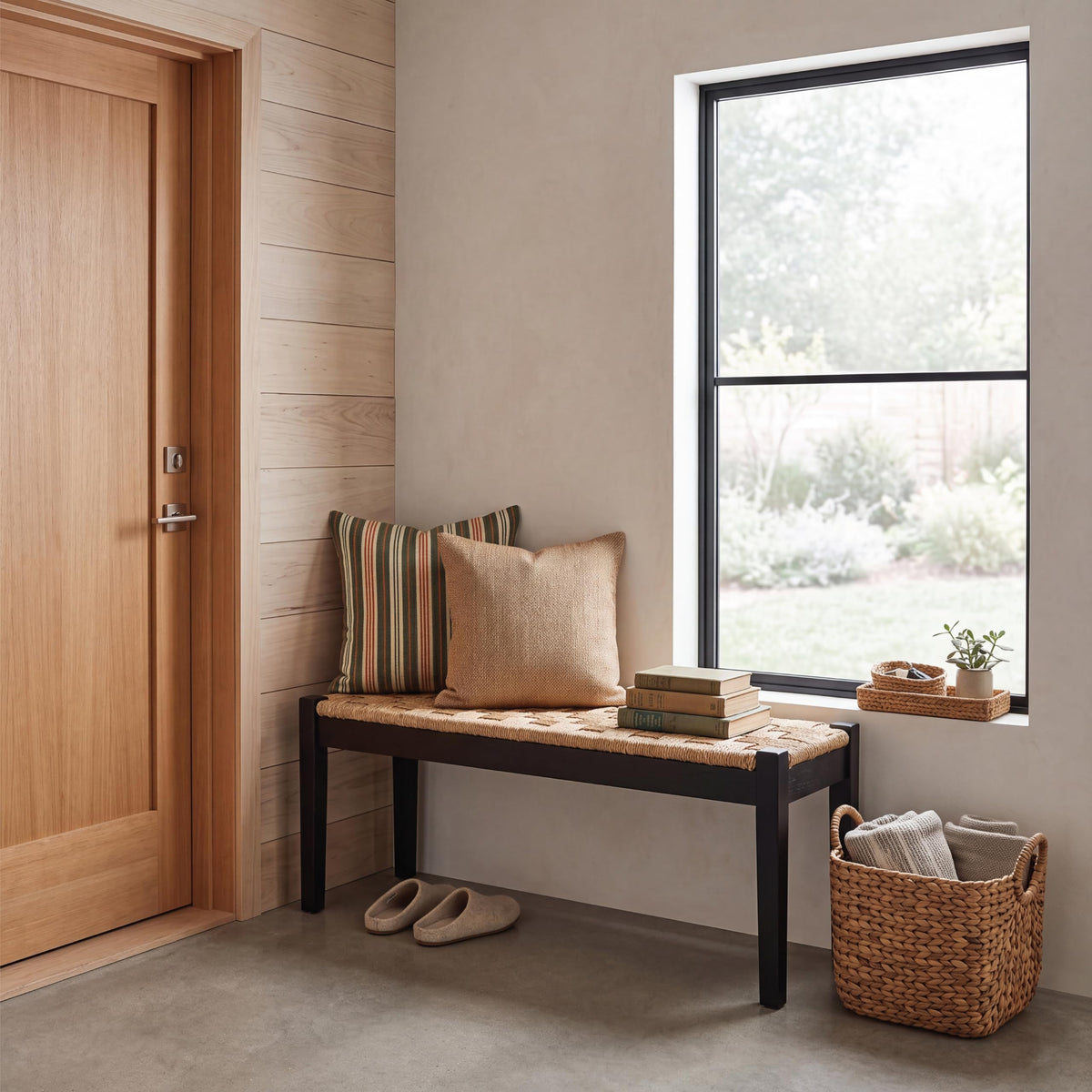 46-Inch Acacia Wood Entryway Bench with Woven Seagrass Seat V239