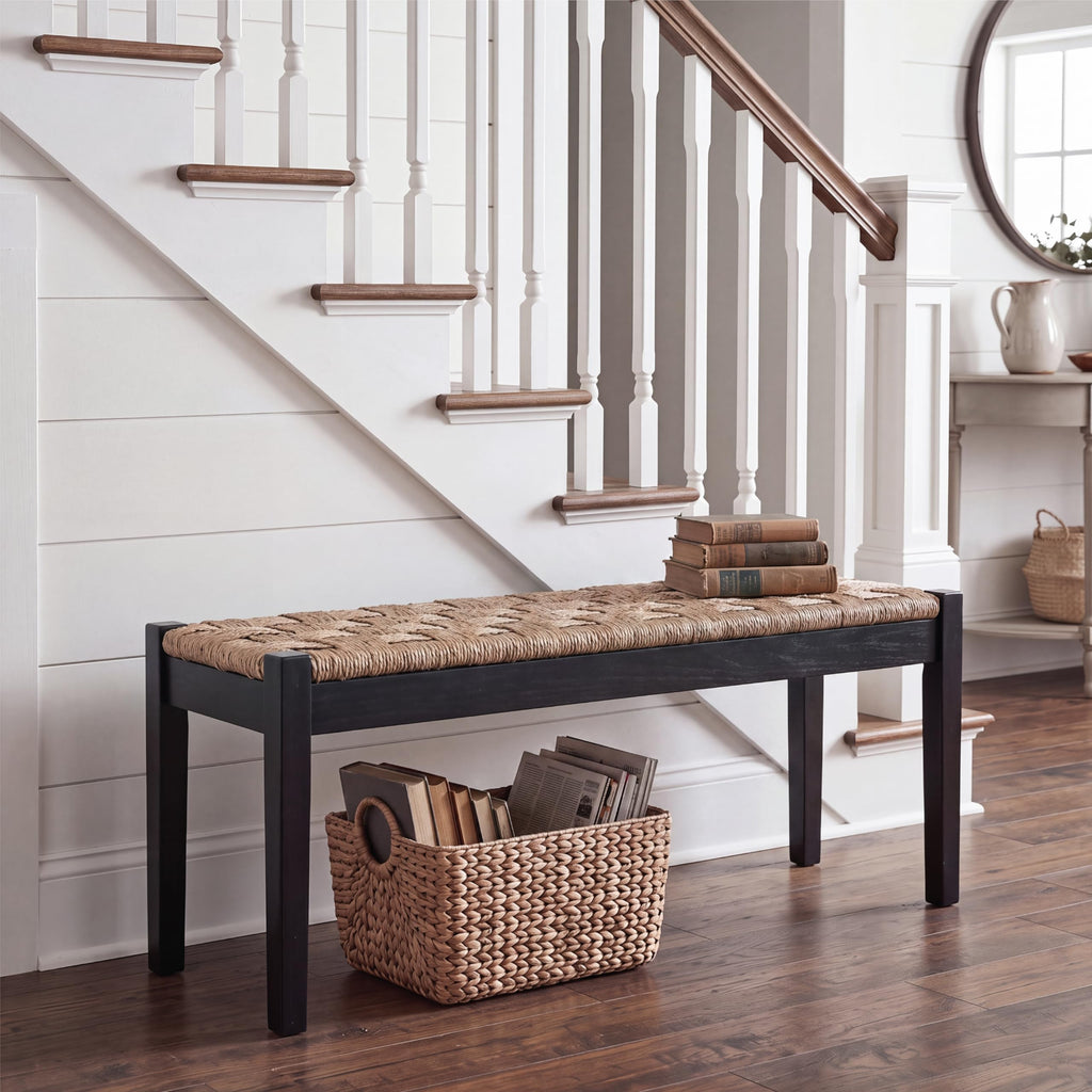 46-Inch Acacia Wood Entryway Bench with Woven Seagrass Seat V239