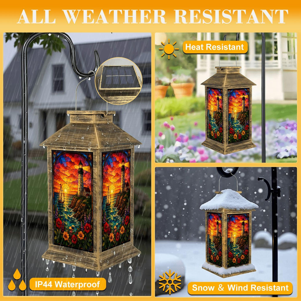 Solar Lantern Outdoor Waterproof Stained Glass Effect LED Hanging Tabletop Lamp P70348