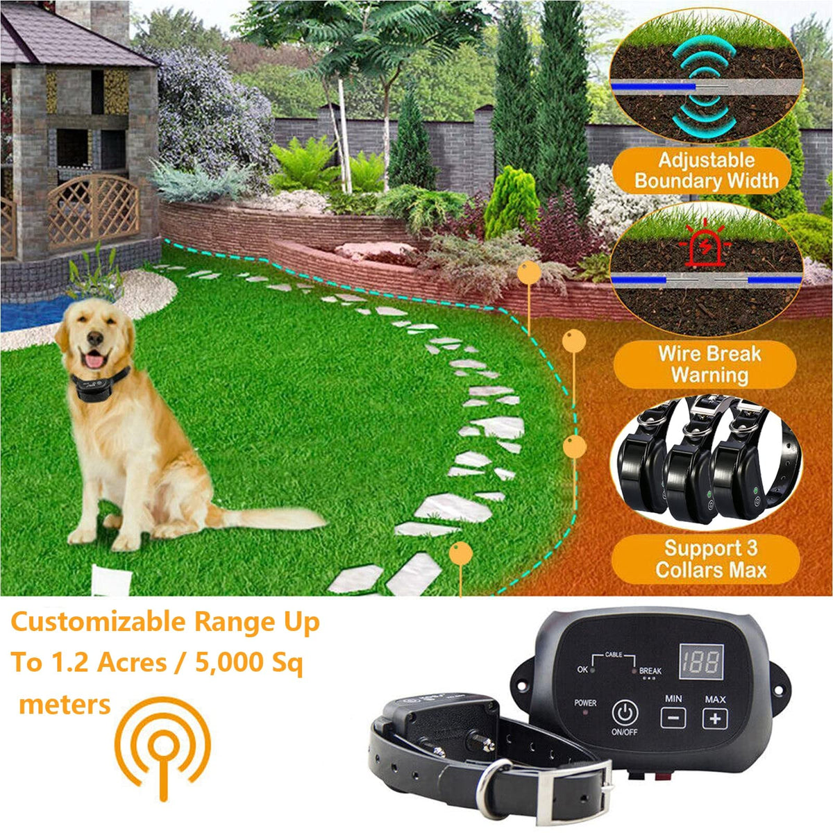 Electric Dog Fence, Aboveground Underground Pet Containment System, Covers up to 3/4 Acre, Waterproof Rechargeable Training Collar, Shock Tone Correction W845867