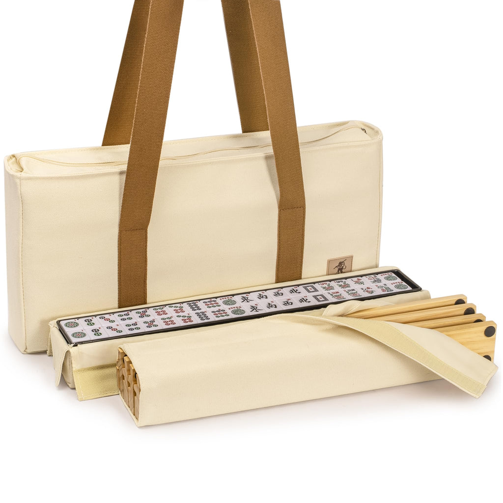 166 Tiles Mahjong Set with Wooden Racks & Pushers, Dice, and Soft Beige Case Q680
