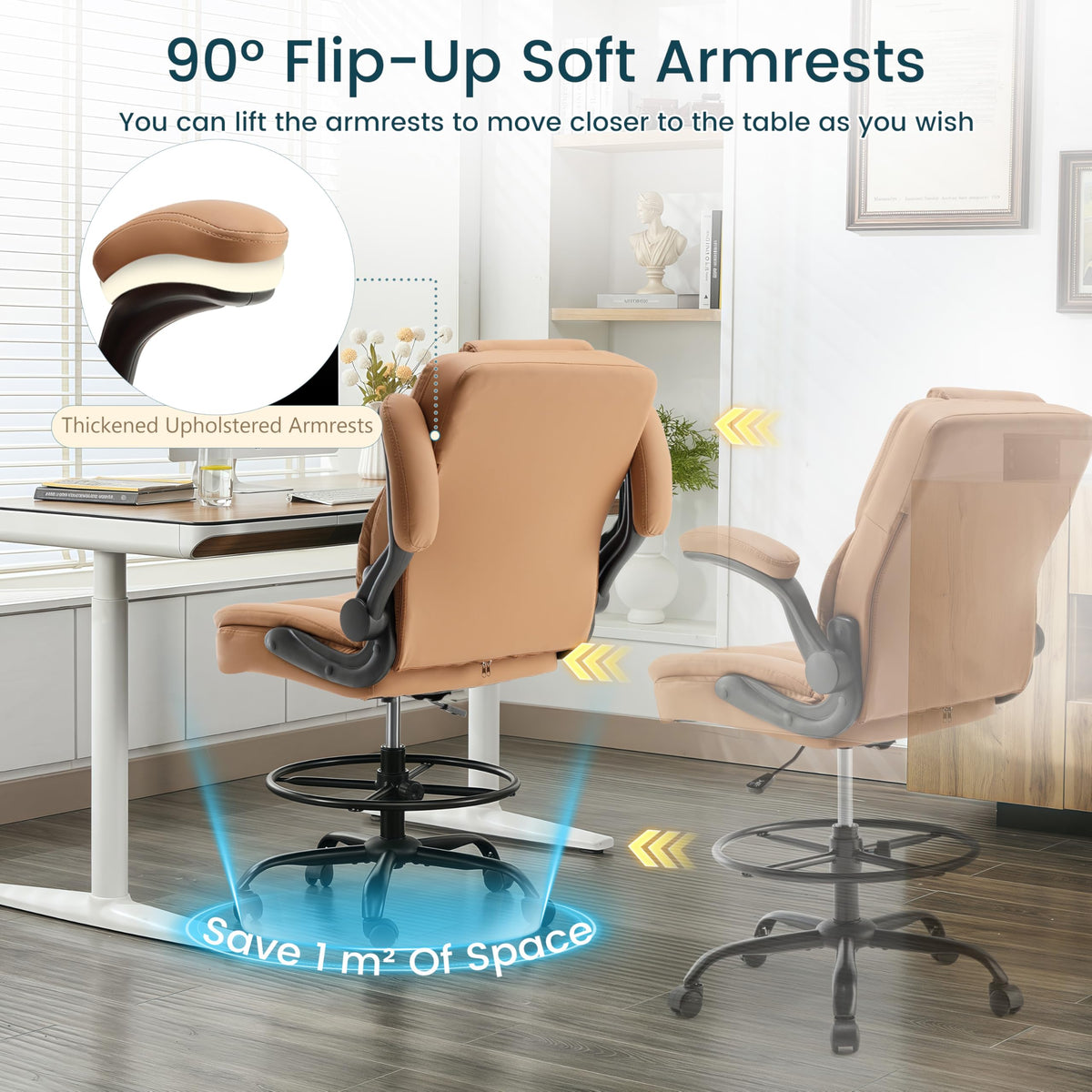 Brown PU Leather Drafting Chair with Flip-up Armrests A91528