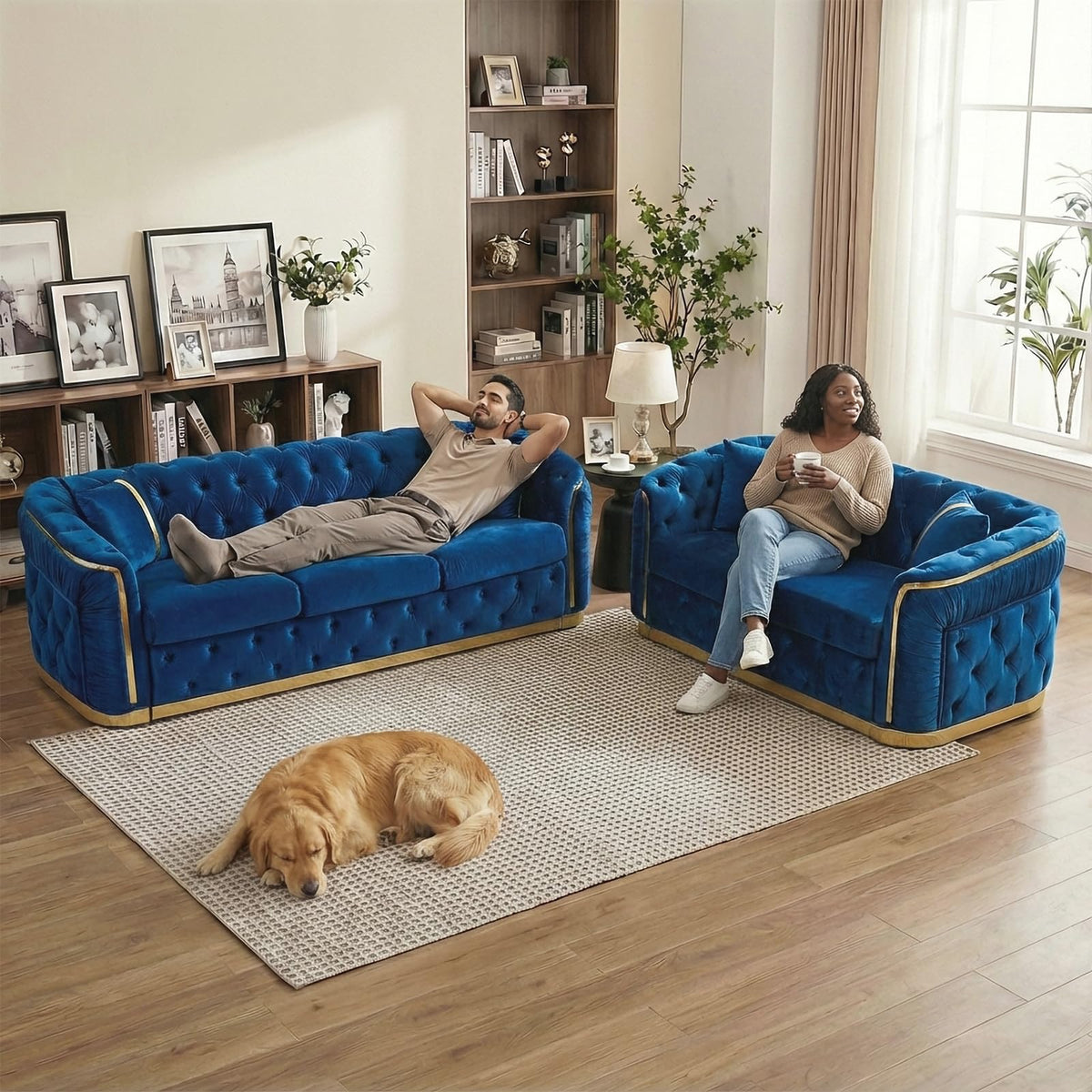 Navy Blue and Gold Velvet Sofa and Loveseat Set with 4 Pillows E1612
