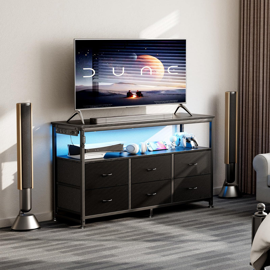 Black Dresser TV Stand with 6 Fabric Drawers S8335