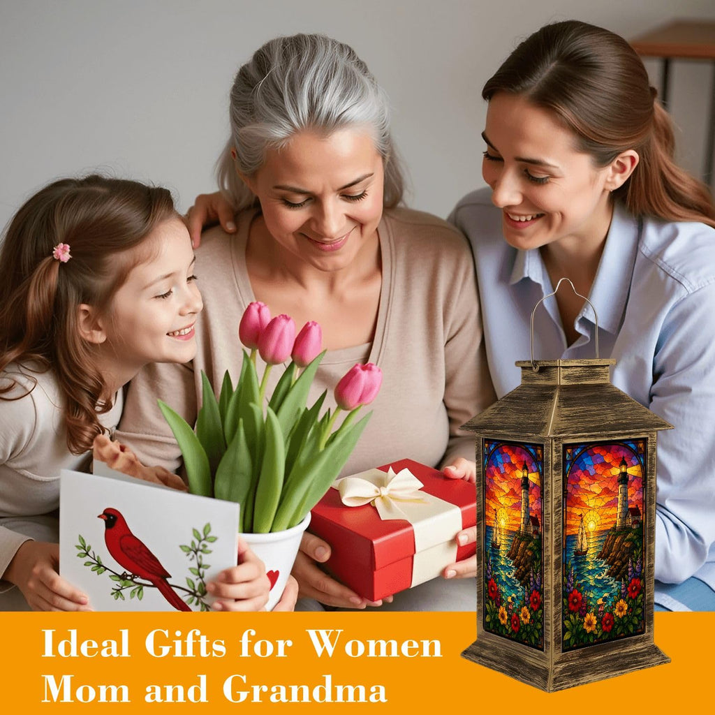 Solar Lantern Outdoor Waterproof Stained Glass Effect LED Hanging Tabletop Lamp P70348