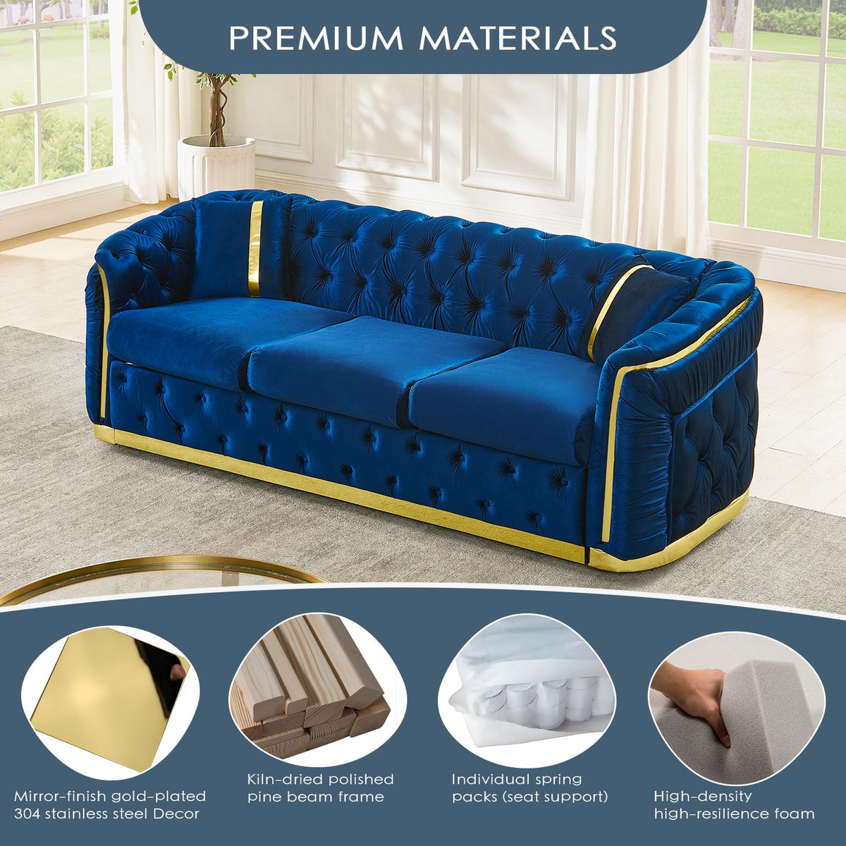 Navy Blue and Gold Velvet Sofa and Loveseat Set with 4 Pillows E1612