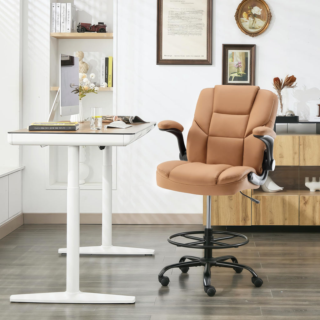 Brown PU Leather Drafting Chair with Flip-up Armrests A91528