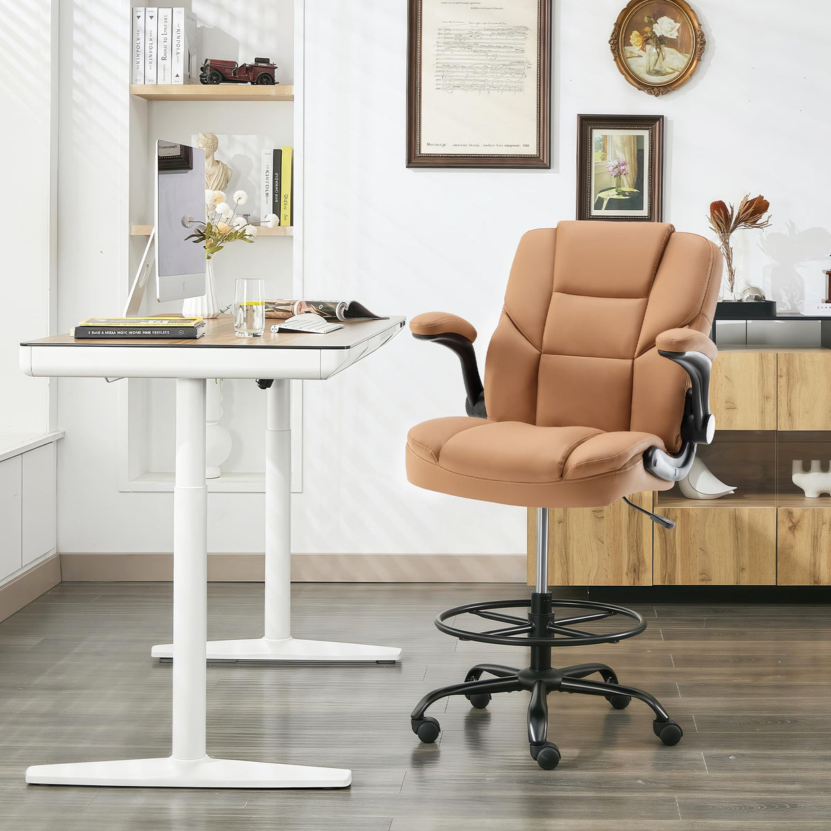 Brown PU Leather Drafting Chair with Flip-up Armrests A91528