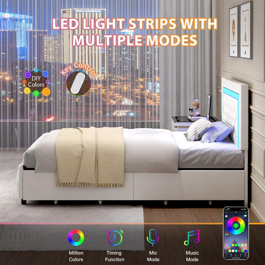 White Twin Bed Frame with Storage Drawers and LED Lights W510