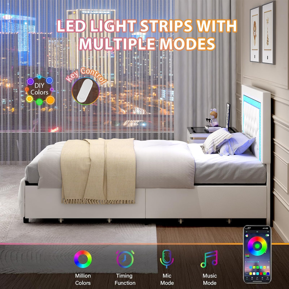 White Twin Bed Frame with Storage Drawers and LED Lights W510
