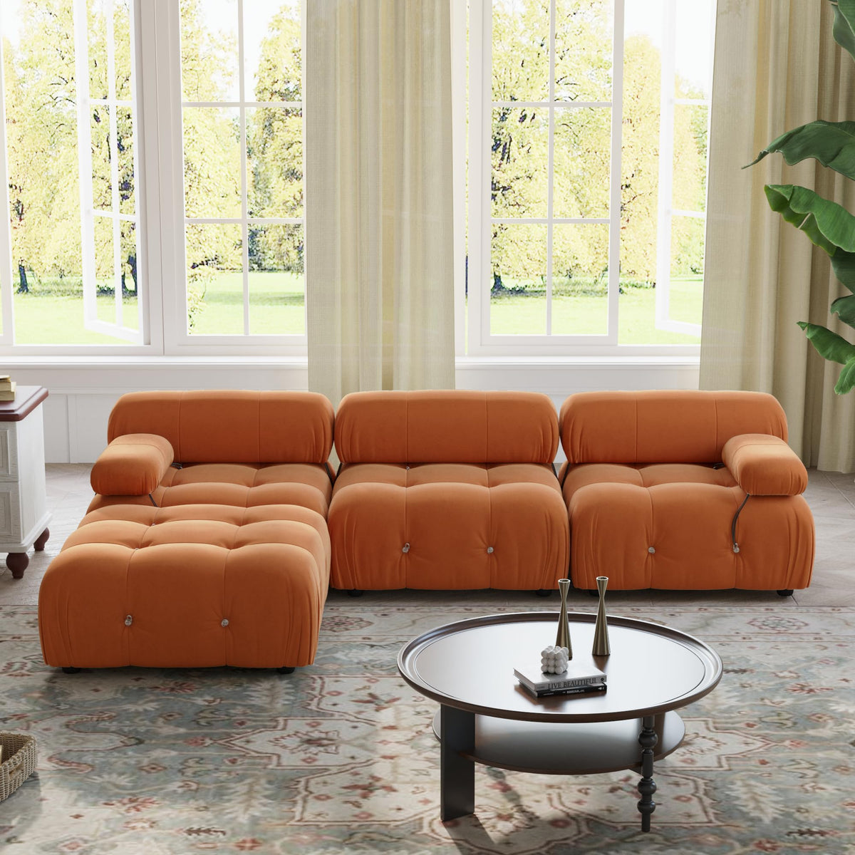 Orange Velvet L Shaped Sectional Sofa with Ottoman X370