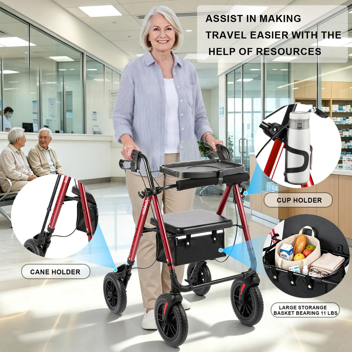 Foldable Rollator Walker with Seat & Tray J7371