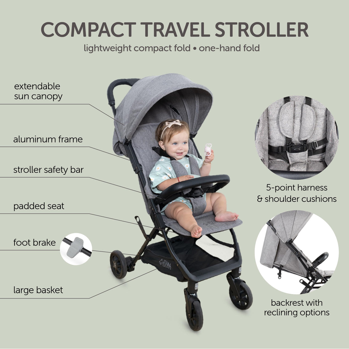 Lightweight Compact Travel Stroller with Canopy, Storage Basket & Recline L9005