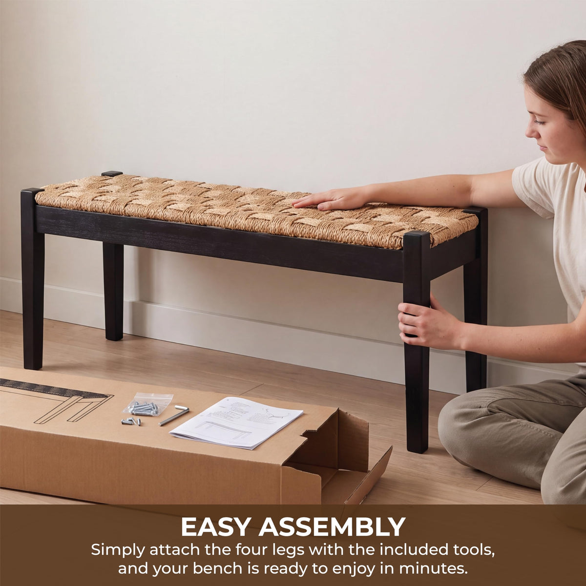 46-Inch Acacia Wood Entryway Bench with Woven Seagrass Seat V239