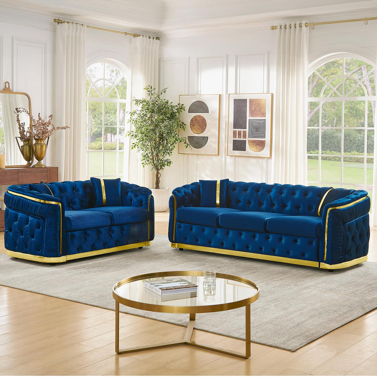 Navy Blue and Gold Velvet Sofa and Loveseat Set with 4 Pillows E1612