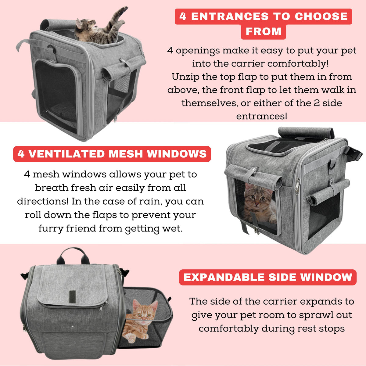 Expandable Reflective Pet Carrier Backpack with 4 Open Doors T62540