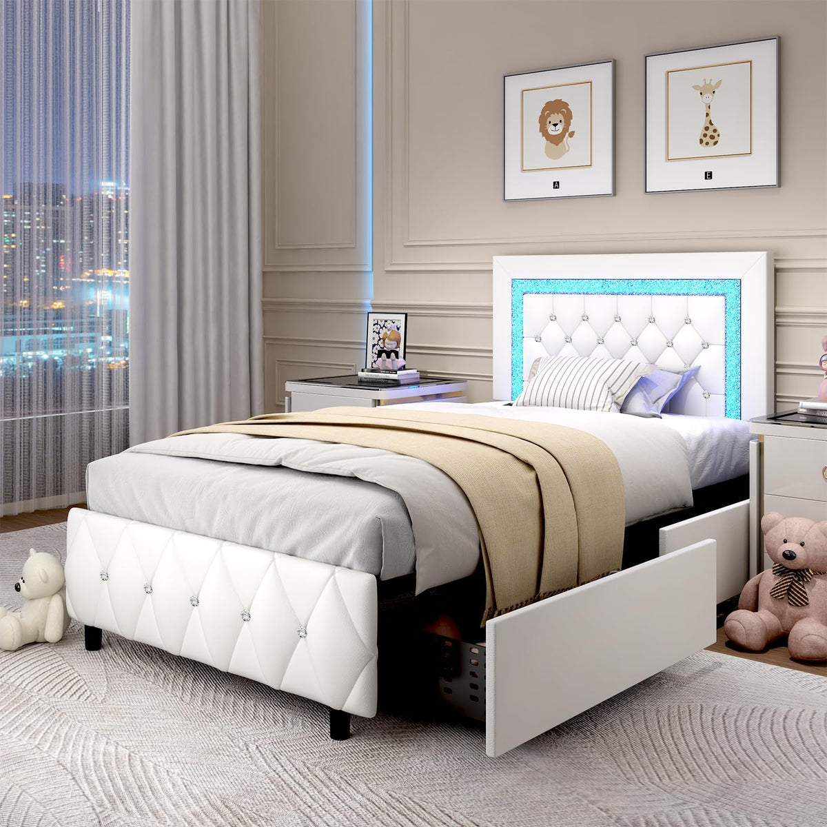 White Twin Bed Frame with Storage Drawers and LED Lights W510