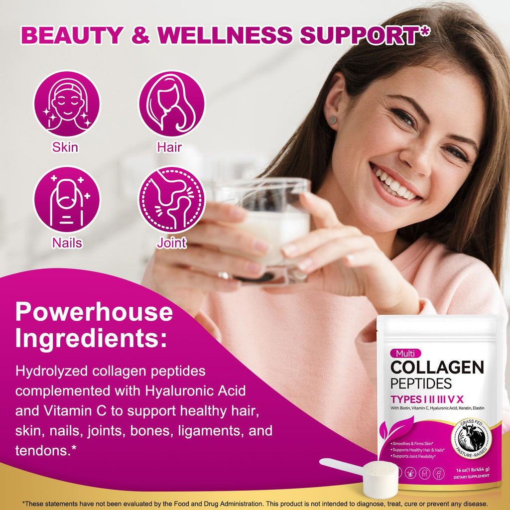 Multi Collagen Peptides Powder Type I II III V X 16oz V79290