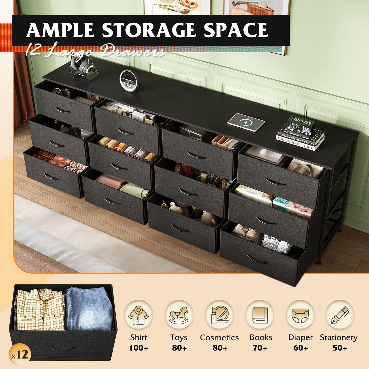 Black 12 Drawer Dresser TV Stand M7736