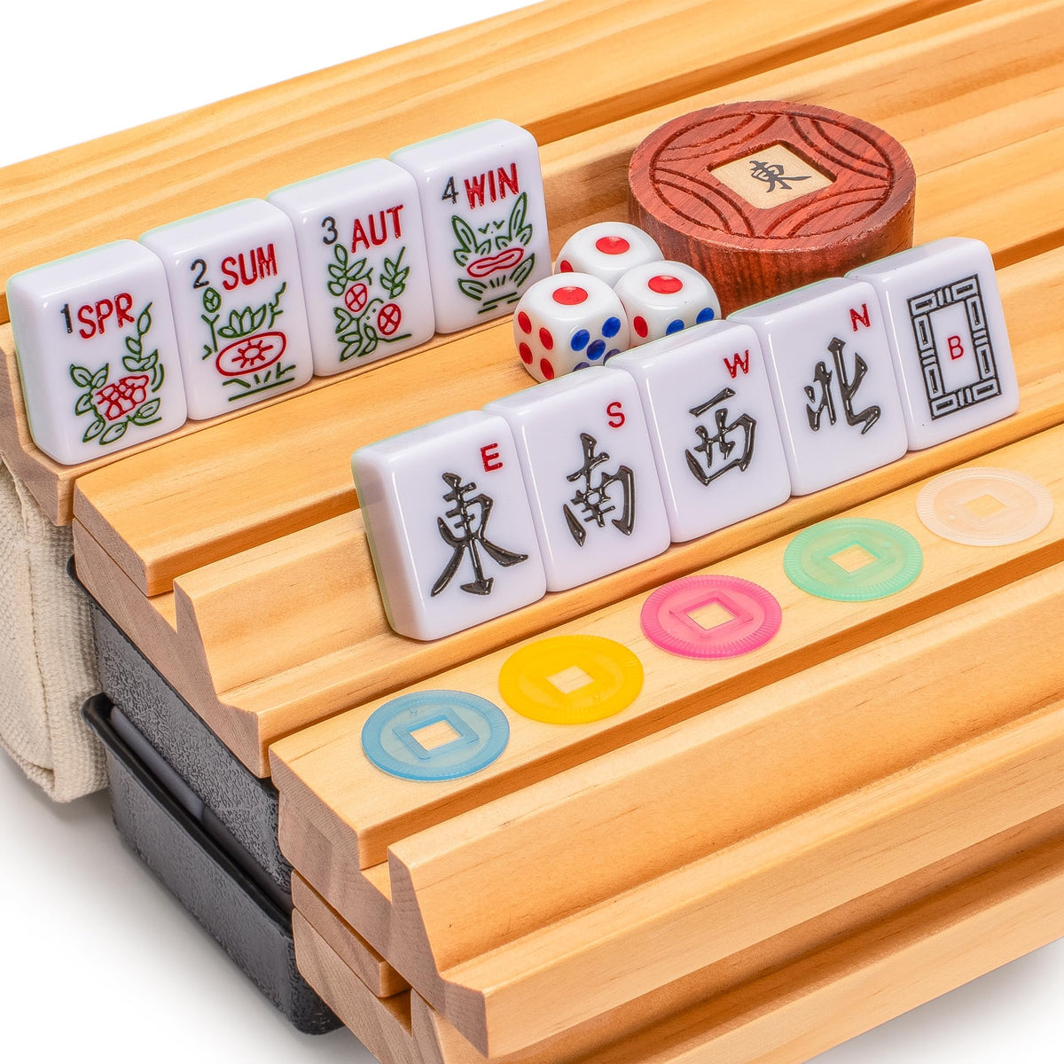 166 Tiles Mahjong Set with Wooden Racks & Pushers, Dice, and Soft Beige Case Q680