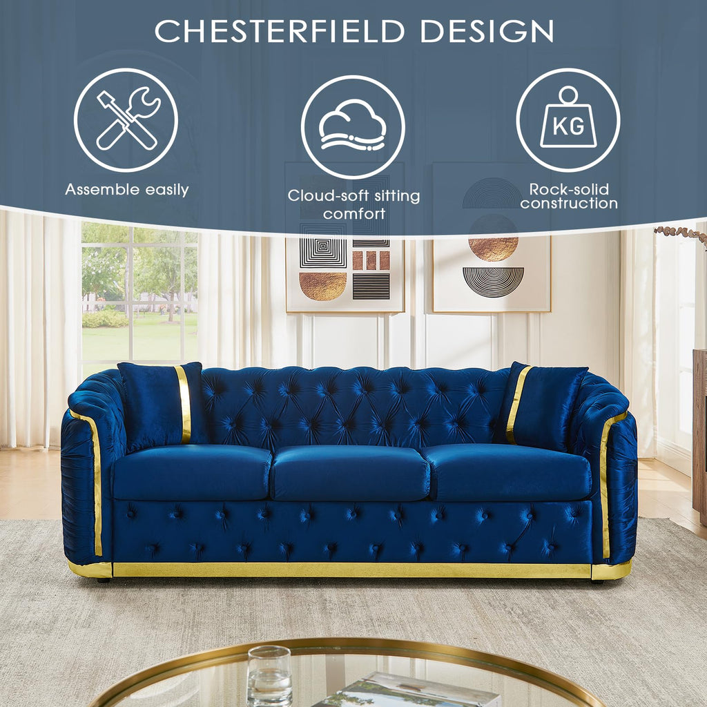 Navy Blue and Gold Velvet Sofa and Loveseat Set with 4 Pillows E1612