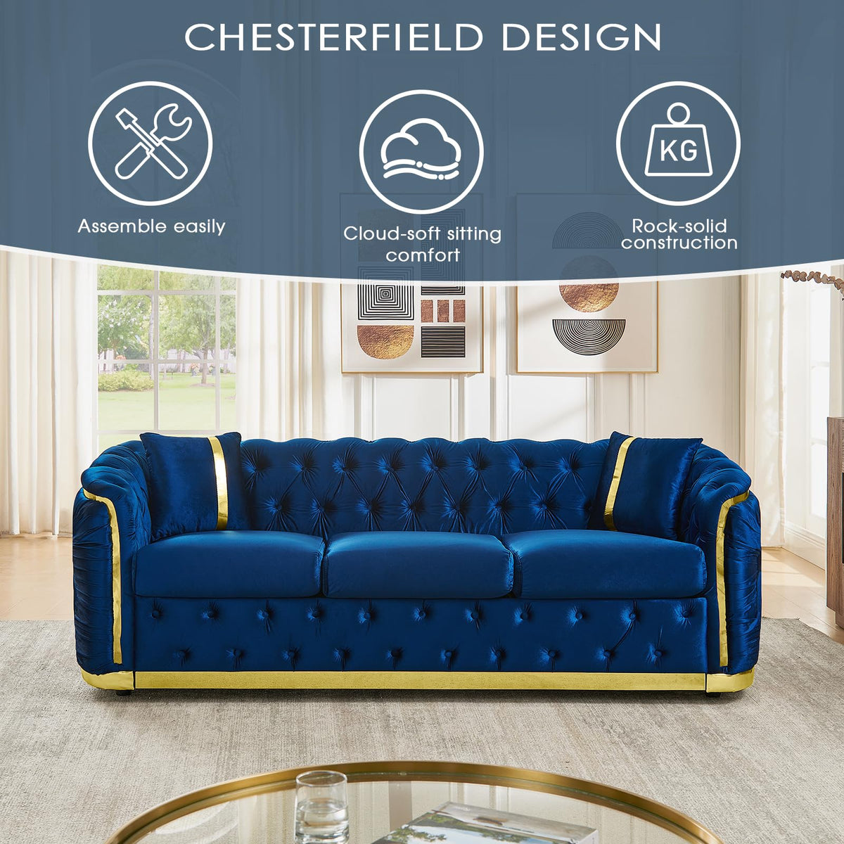 Navy Blue and Gold Velvet Sofa and Loveseat Set with 4 Pillows E1612