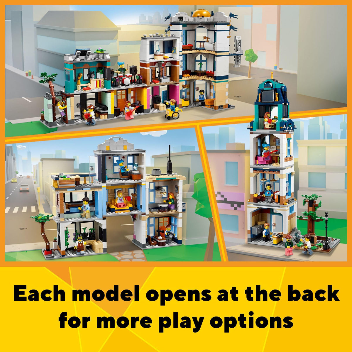 Building Toy Set, 3 in 1 City Art Deco Building, Market Street Hotel, Café Music Store and 6 Minifigures Z13029