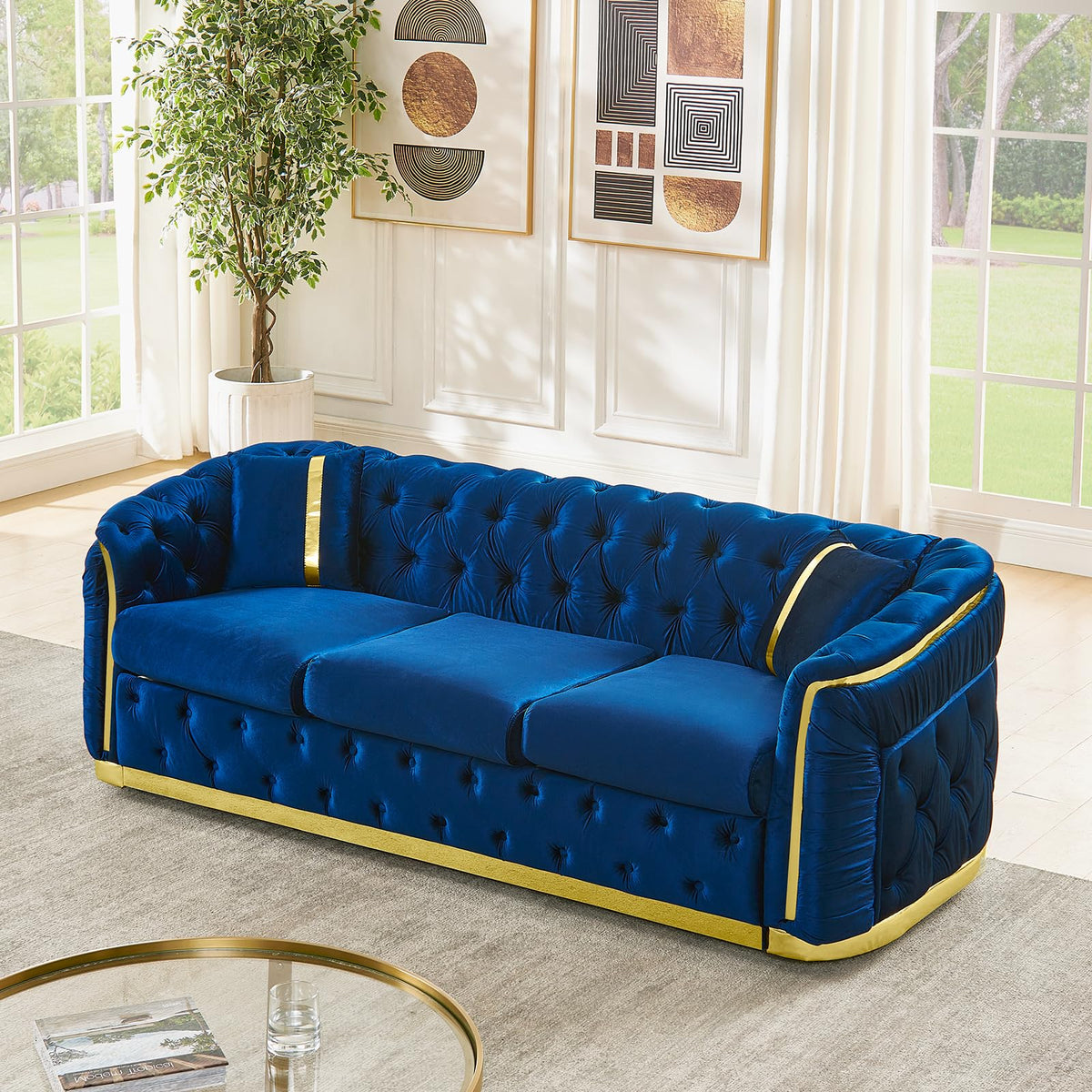 Navy Blue and Gold Velvet Sofa and Loveseat Set with 4 Pillows E1612