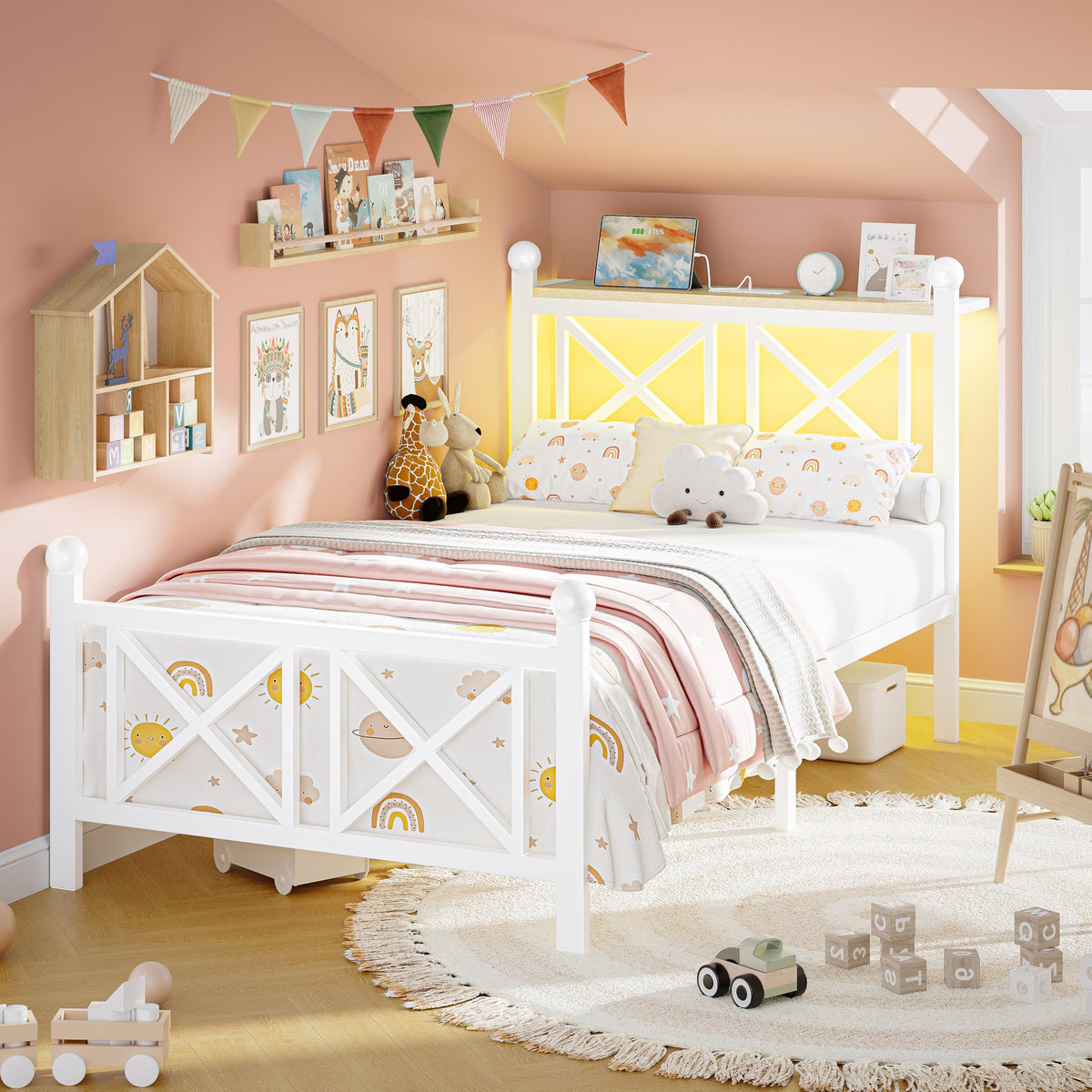 White Twin Bed Frame with Headboard and Footboard H6093