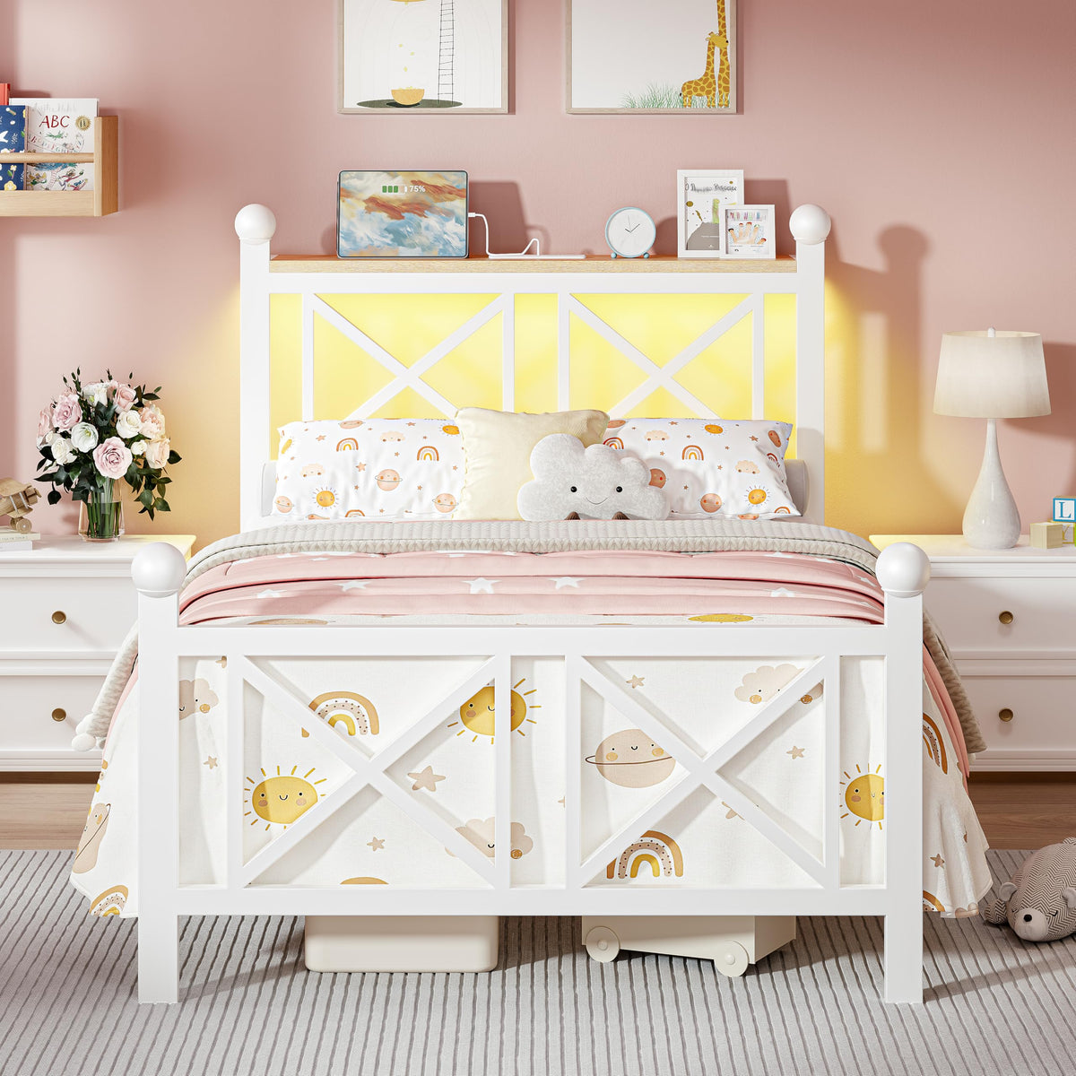 White Twin Bed Frame with Headboard and Footboard H6093