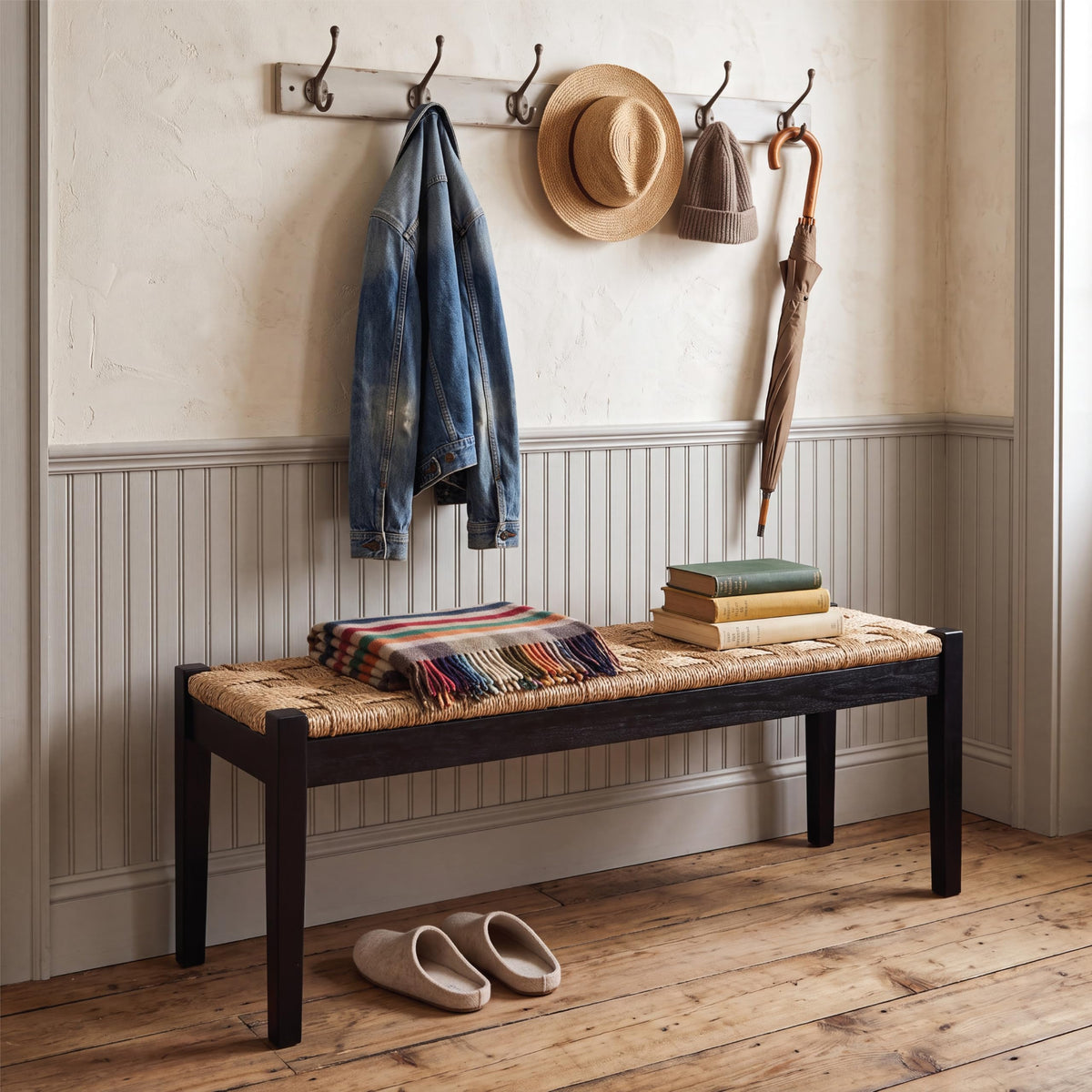 46-Inch Acacia Wood Entryway Bench with Woven Seagrass Seat V239