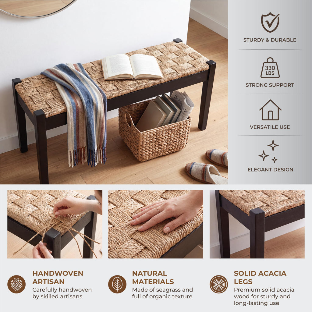 46-Inch Acacia Wood Entryway Bench with Woven Seagrass Seat V239