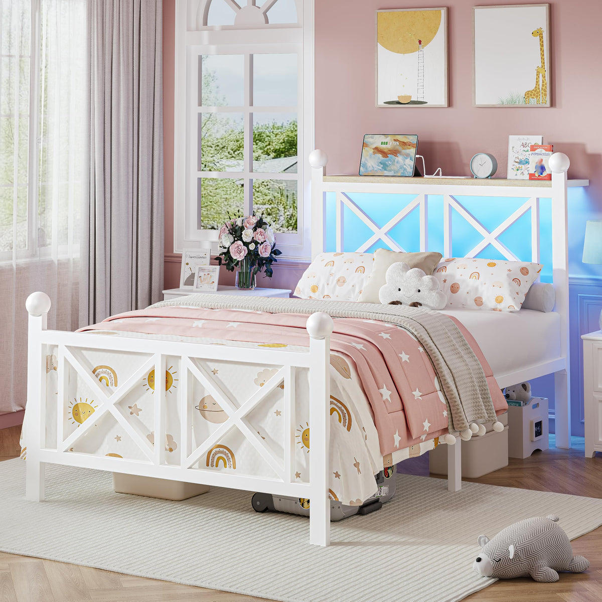 White Twin Bed Frame with Headboard and Footboard H6093