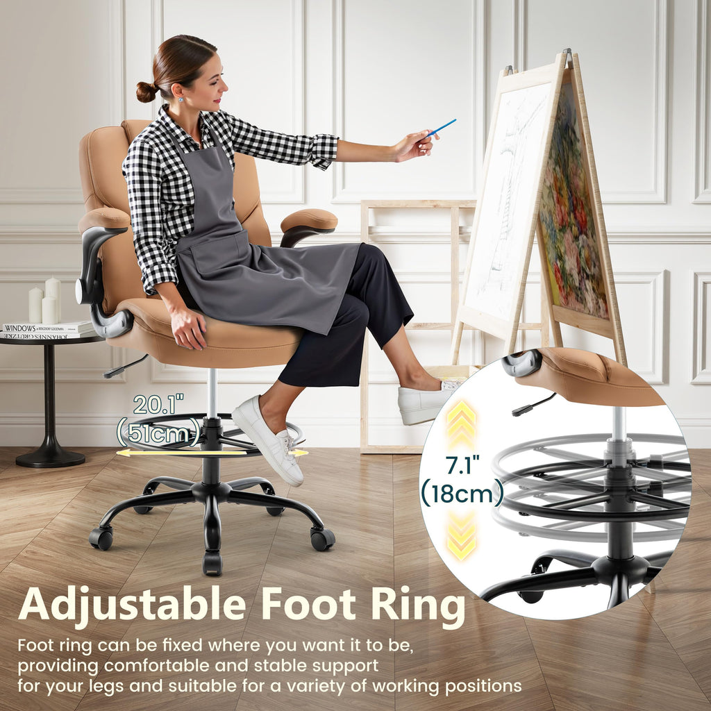 Brown PU Leather Drafting Chair with Flip-up Armrests A91528