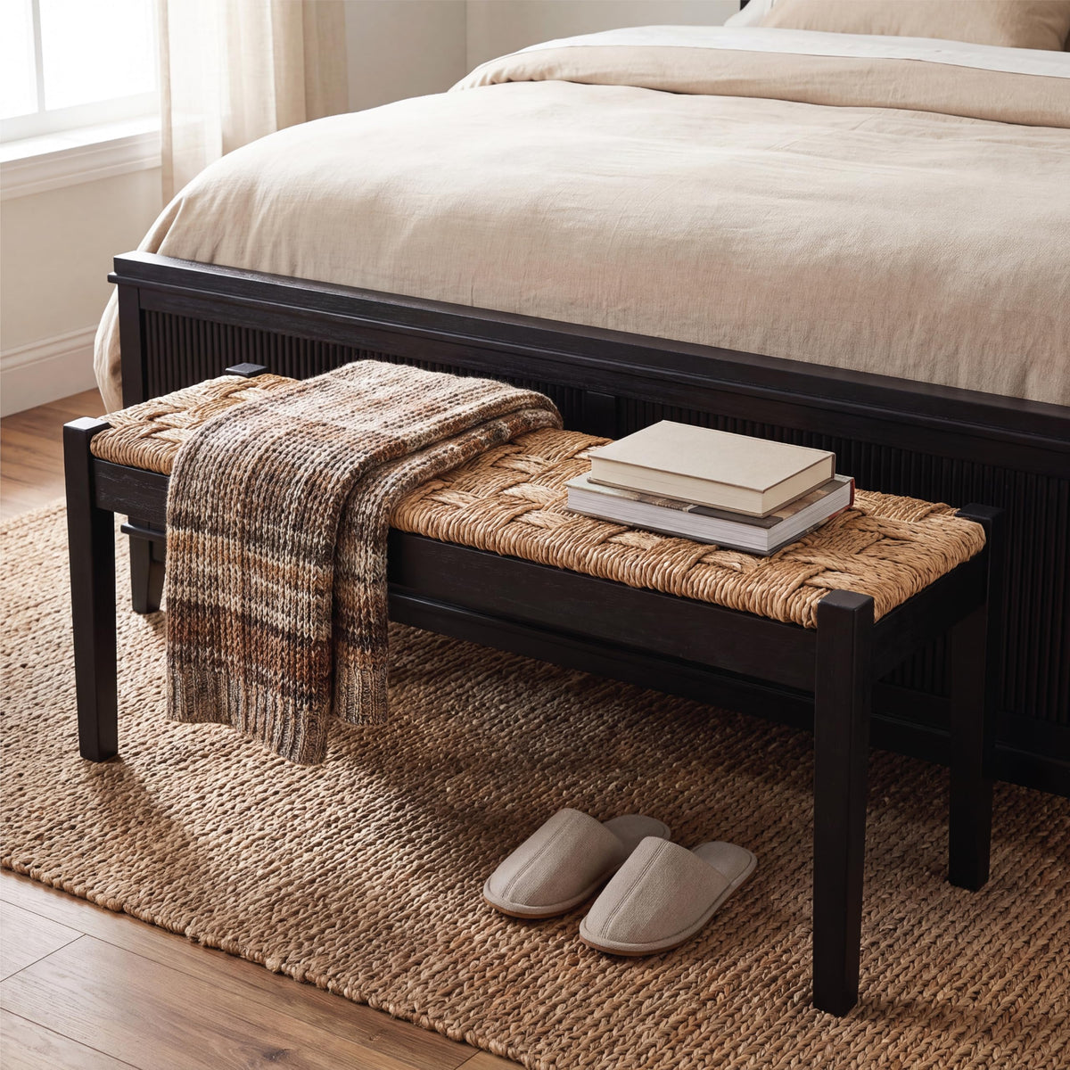 46-Inch Acacia Wood Entryway Bench with Woven Seagrass Seat V239